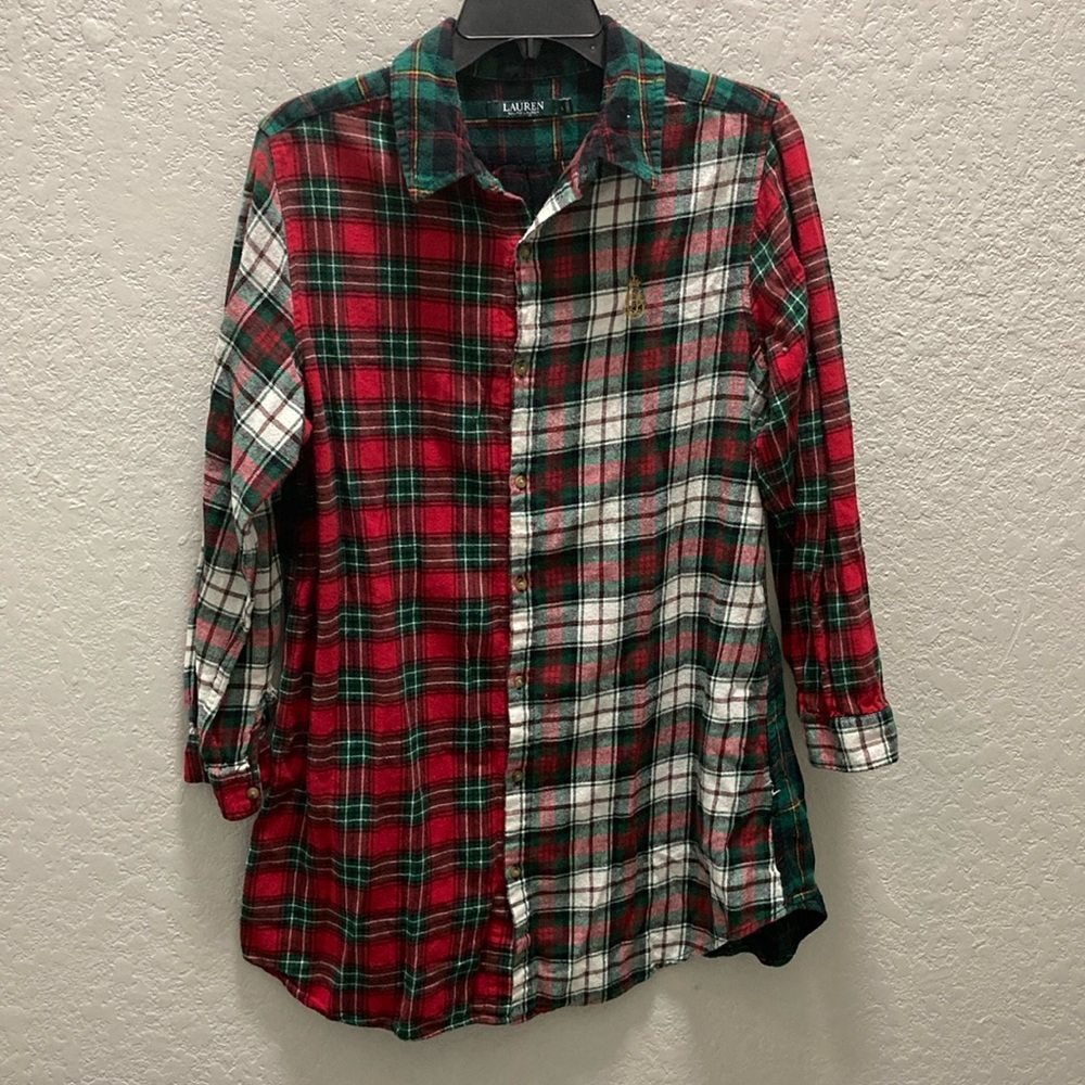 Lauren Ralph Lauren Plaid Flannel Women Large Night Gown Red Green Button Down